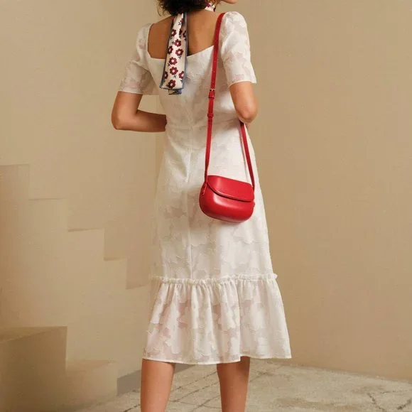 Rihoas - The Jacquard Ruffle Trim Midi Dress - White - XS - Picture 3 of 5